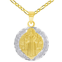 Load image into Gallery viewer, Solid 14k Yellow Gold Round Two Tone St. Benedict Medallion Charm Pendant with Cable, Curb, or Figaro Chain Necklaces
