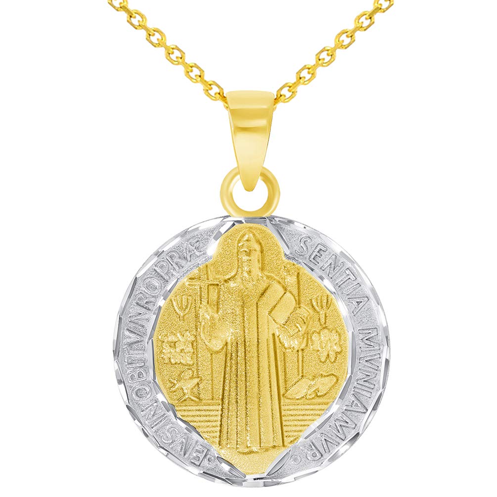 Solid 14k Yellow Gold Round Two Tone St. Benedict Medallion Charm Pendant with Cable, Curb, or Figaro Chain Necklaces