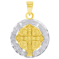 Load image into Gallery viewer, Solid 14k Yellow Gold Round Two Tone St. Benedict Medallion Charm Pendant with Cable, Curb, or Figaro Chain Necklaces
