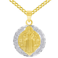Load image into Gallery viewer, Solid 14k Yellow Gold Round Two Tone St. Benedict Medallion Charm Pendant with Cable, Curb, or Figaro Chain Necklaces
