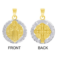 Load image into Gallery viewer, Solid 14k Yellow Gold Round Two Tone St. Benedict Medallion Charm Pendant with Cable, Curb, or Figaro Chain Necklaces
