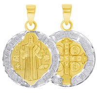 Load image into Gallery viewer, Solid 14k Yellow Gold Round Two Tone St. Benedict Medallion Charm Pendant with Cable, Curb, or Figaro Chain Necklaces
