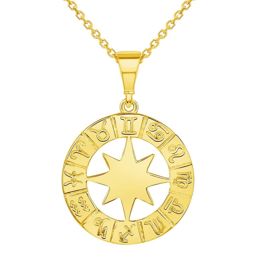 14k Yellow Gold Round Zodiac Star Compass Calendar Pendant Necklace