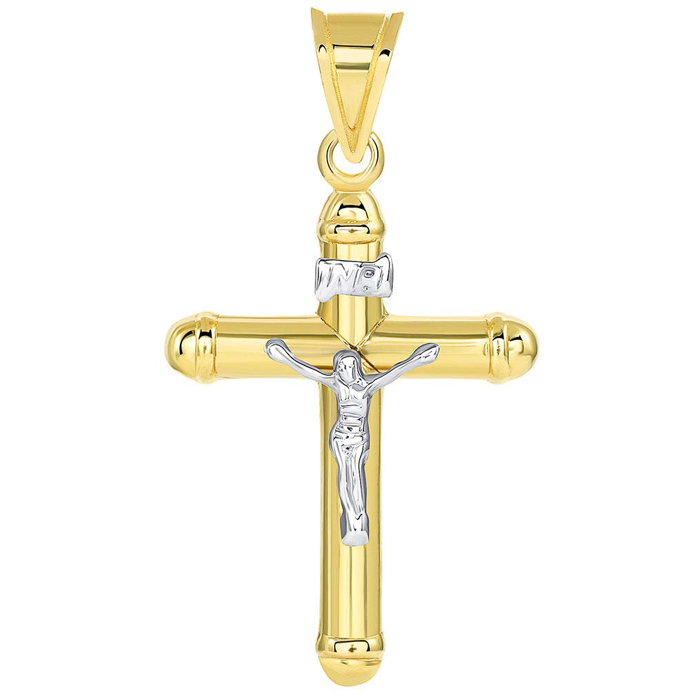 14k Two Tone Gold Rounded Christian INRI Crucifix Tube Cross Pendant