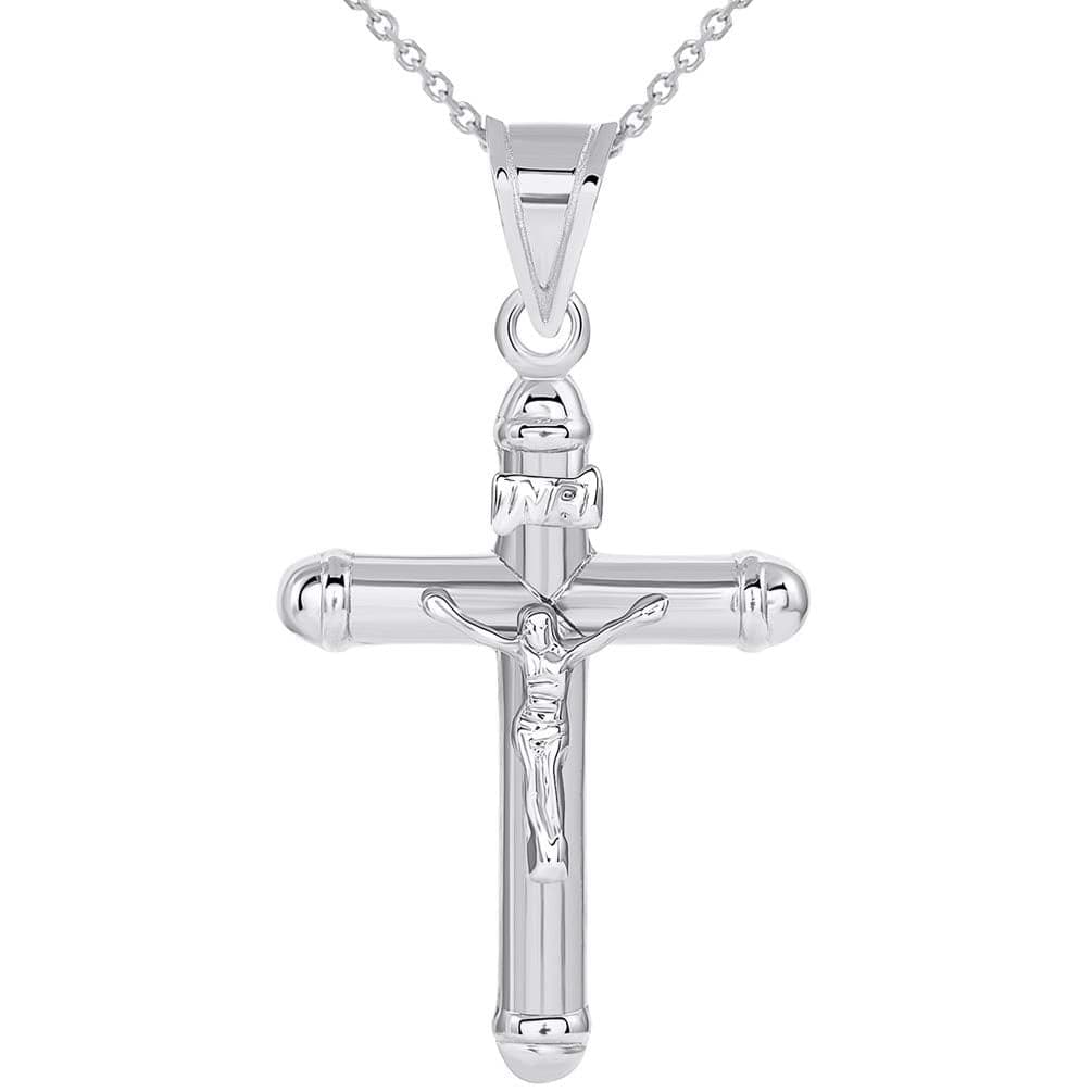 14k White Gold Rounded Edge Christian INRI Crucifix Tube Cross Pendant Necklace