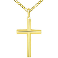 Load image into Gallery viewer, Solid 14k Yellow Gold Rounded Edge Simple Christian Cross Pendant with Figaro Necklace

