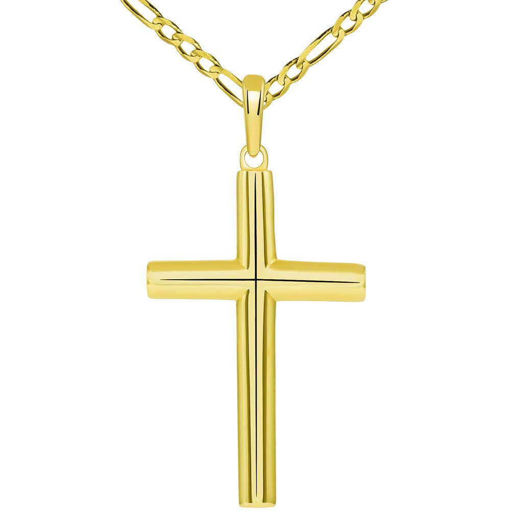 Solid 14k Yellow Gold Rounded Edge Simple Christian Cross Pendant with Figaro Necklace