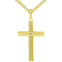 Load image into Gallery viewer, Solid 14k Yellow Gold Rounded Edge Simple Christian Cross Pendant with Cuban Necklace
