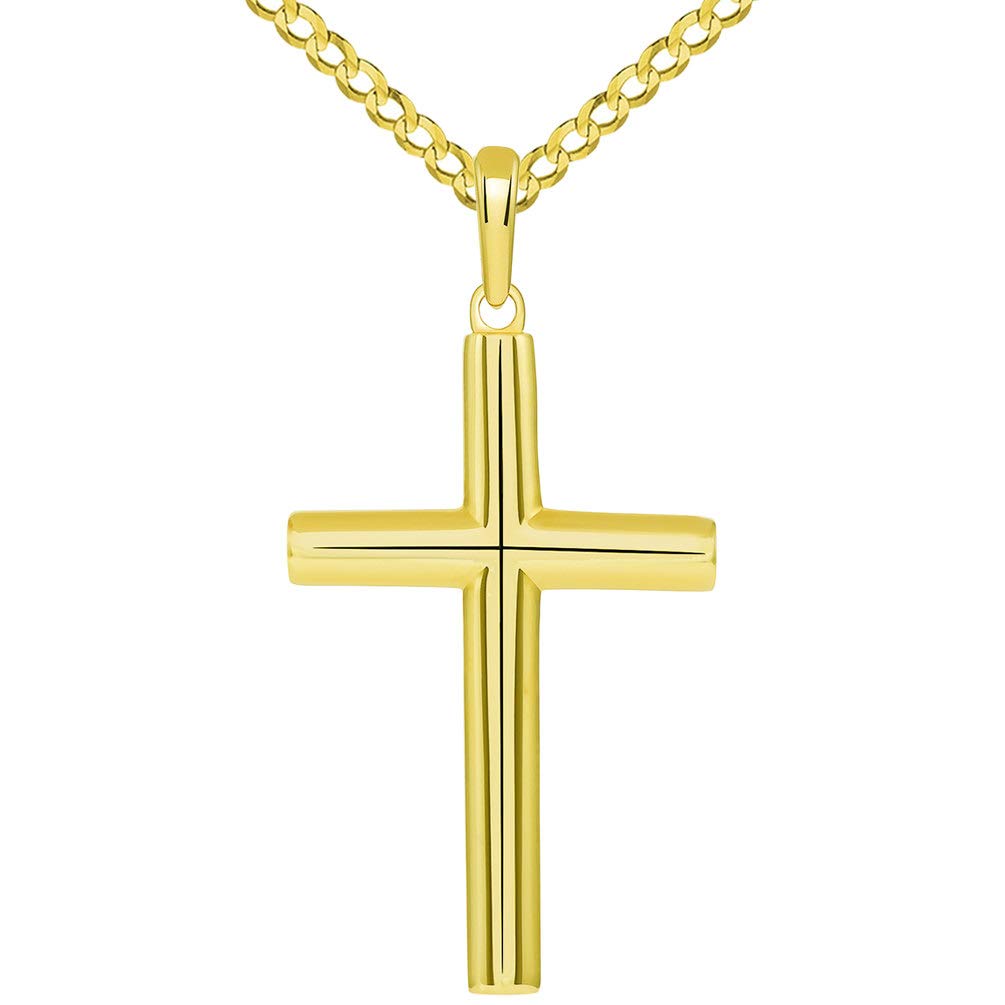Solid 14k Yellow Gold Rounded Edge Simple Christian Cross Pendant with Cuban Necklace