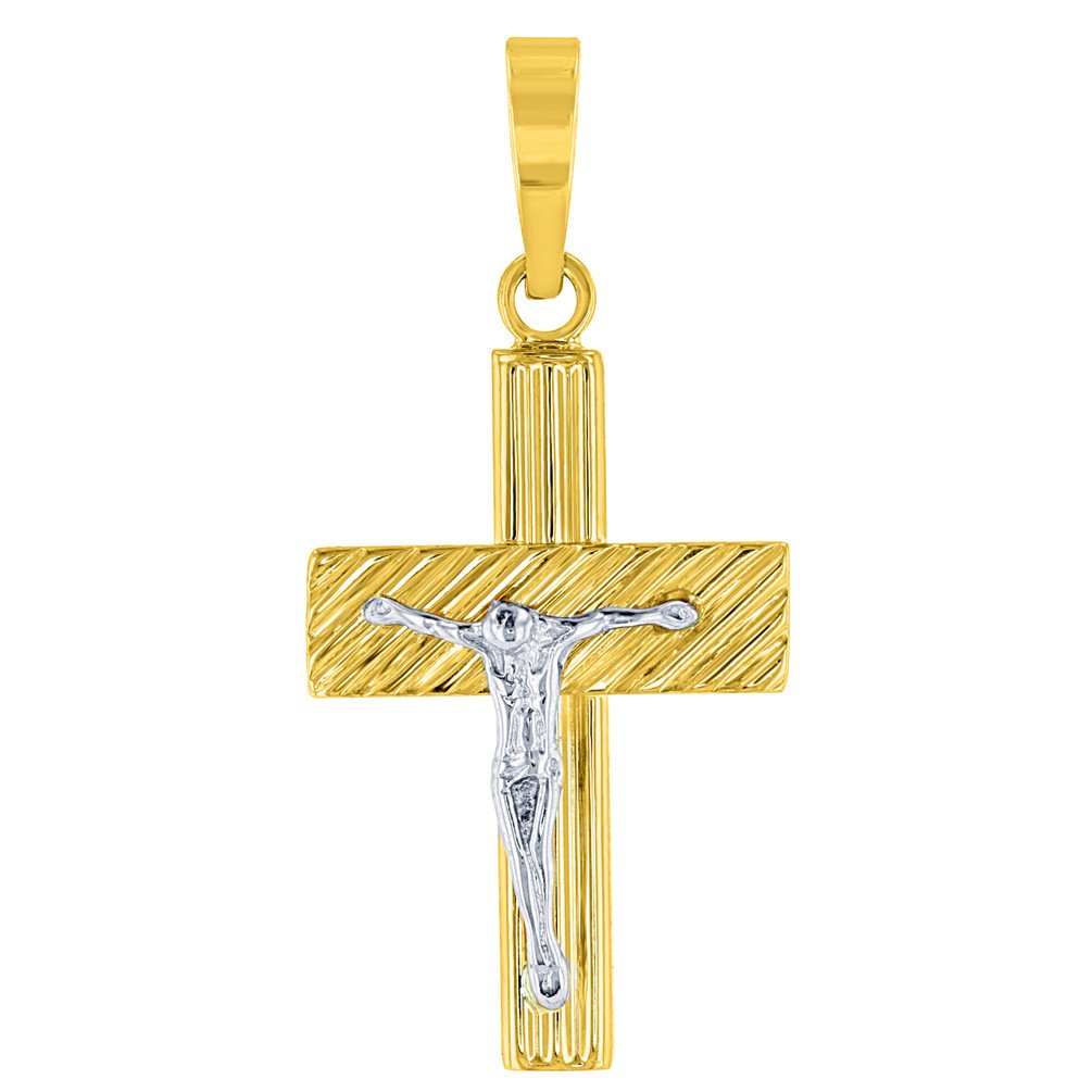 14k Two-Tone Gold Rugged Textured Catholic Cross Crucifix Pendant