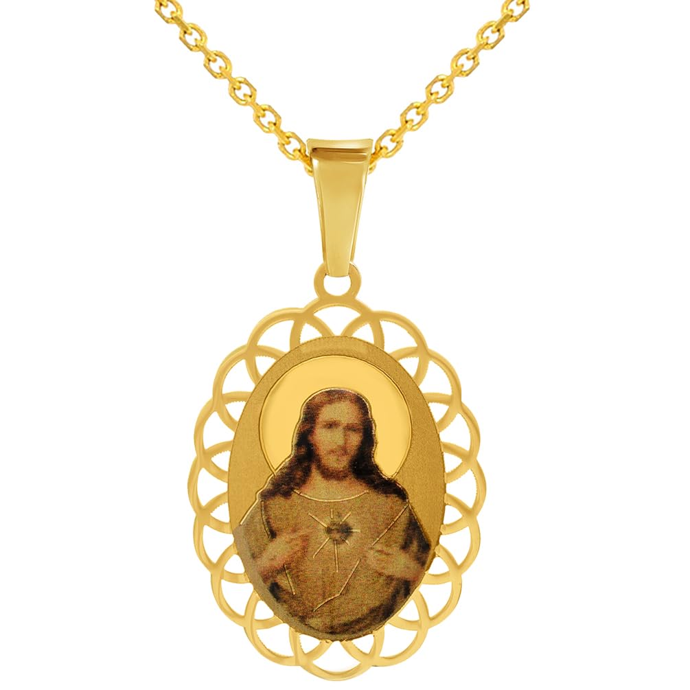 14k Yellow Gold Sacred Heart of Jesus Charm Picture Medal Pendant with Rolo Cable, Cuban Curb, or Figaro Chain Necklace