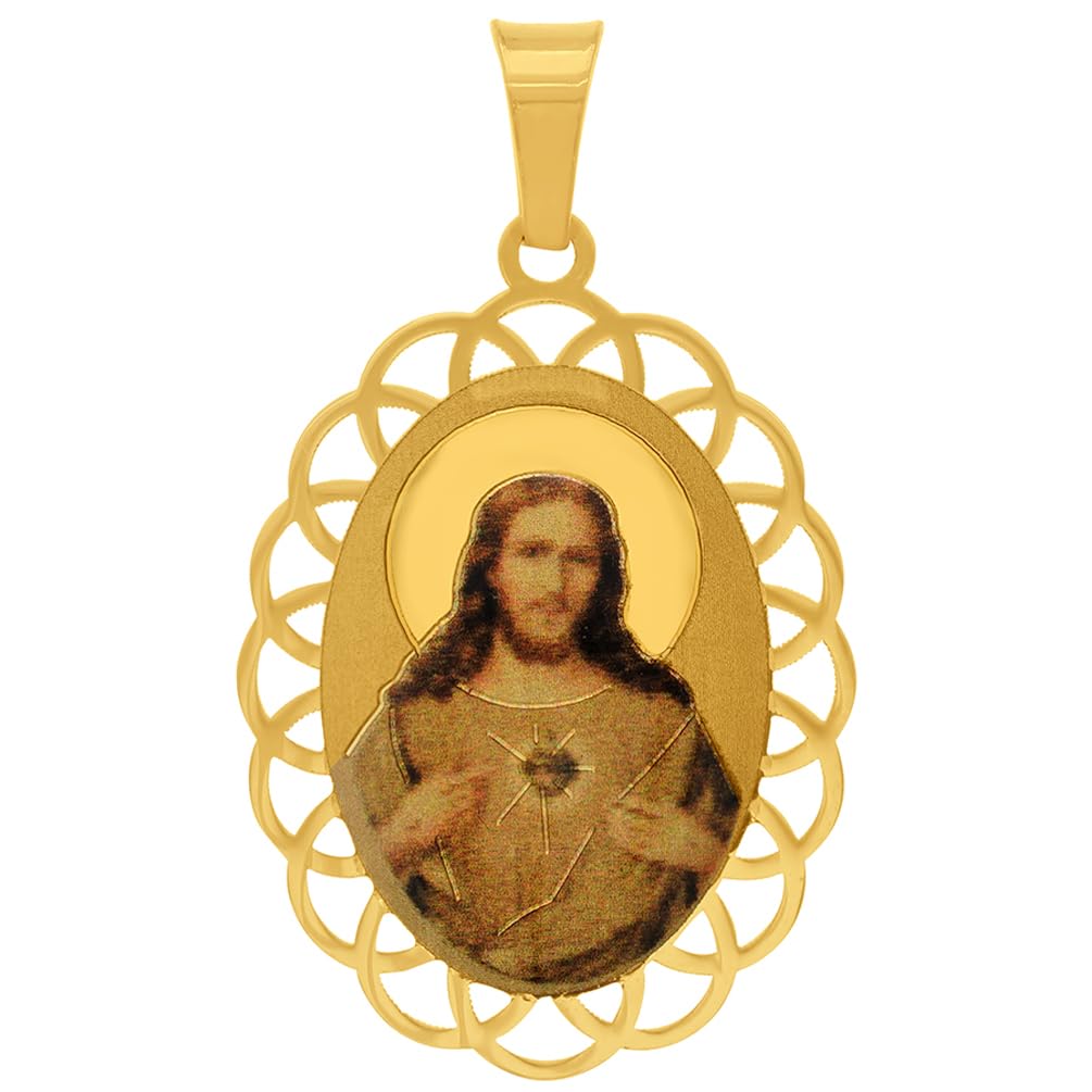 14k Gold Sacred Heart of Jesus Charm Picture Medal Pendant