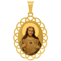 Load image into Gallery viewer, 14k Yellow Gold Sacred Heart of Jesus Charm Picture Medal Pendant with Rolo Cable, Cuban Curb, or Figaro Chain Necklace
