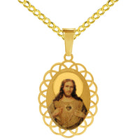 Load image into Gallery viewer, 14k Yellow Gold Sacred Heart of Jesus Charm Picture Medal Pendant with Rolo Cable, Cuban Curb, or Figaro Chain Necklace
