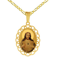 Load image into Gallery viewer, 14k Yellow Gold Sacred Heart of Jesus Charm Picture Medal Pendant with Rolo Cable, Cuban Curb, or Figaro Chain Necklace
