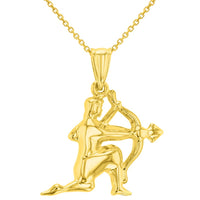 Load image into Gallery viewer, High Polish 14k Yellow Gold 3D Sagittarius Zodiac Sign Charm Archer Shooting Arrow Pendant With Cable, Curb or Figaro Chain Necklace

