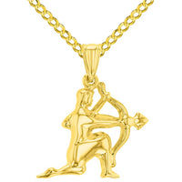 Load image into Gallery viewer, High Polish 14k Yellow Gold 3D Sagittarius Zodiac Sign Charm Archer Shooting Arrow Pendant With Cable, Curb or Figaro Chain Necklace
