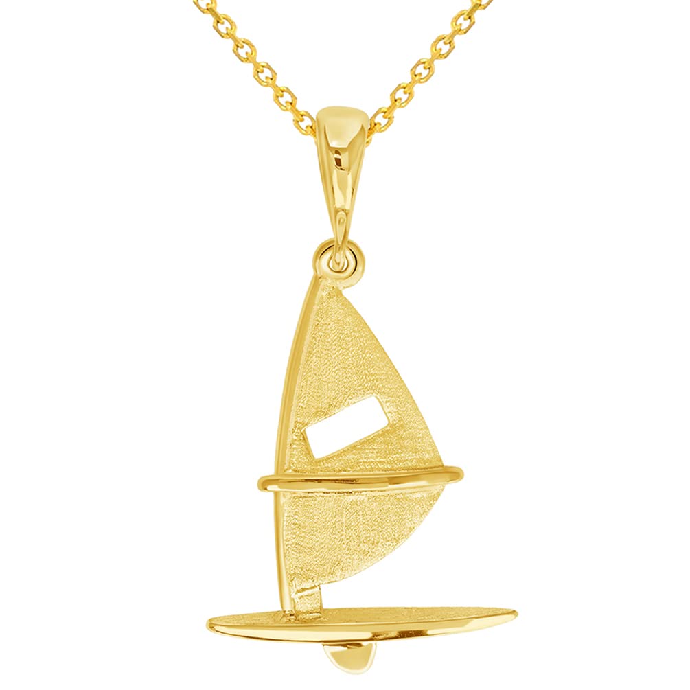 Solid 14k Yellow Gold Sailing Sailboard Windsurfing Pendant with Rolo Cable, Curb, or Figaro Chain Necklaces