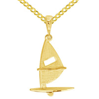 Load image into Gallery viewer, Solid 14k Yellow Gold Sailing Sailboard Windsurfing Pendant with Rolo Cable, Curb, or Figaro Chain Necklaces
