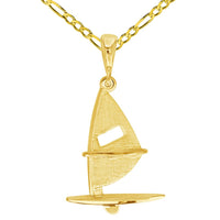 Load image into Gallery viewer, Solid 14k Yellow Gold Sailing Sailboard Windsurfing Pendant with Rolo Cable, Curb, or Figaro Chain Necklaces
