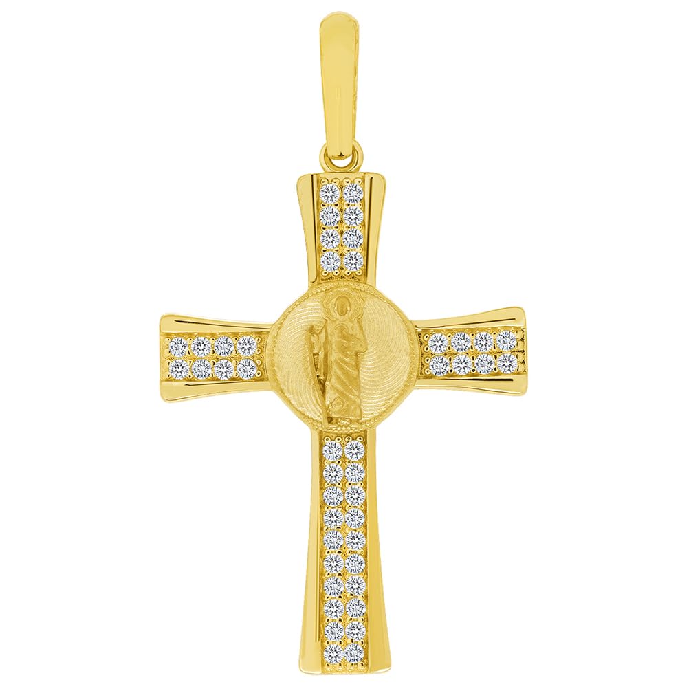 14k Yellow Gold Saint Jude Cross Pendant with Cubic Zirconia Stones