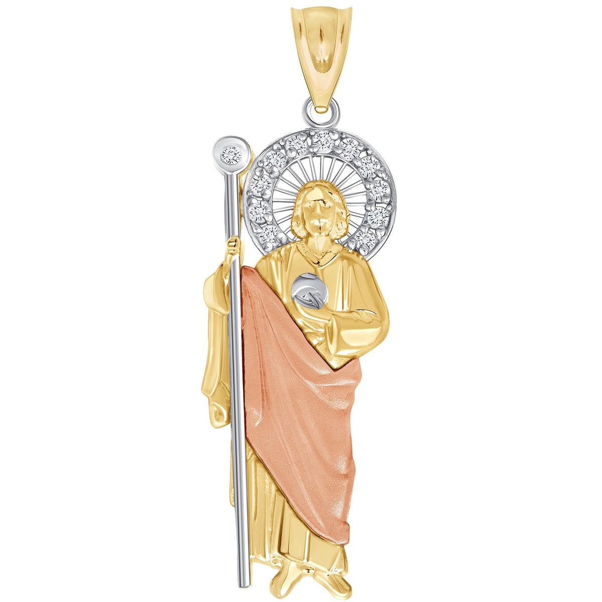 14k Yellow Gold and Rose Gold Saint Jude Pendant with Cubic Zirconia Stones - 3 Sizes