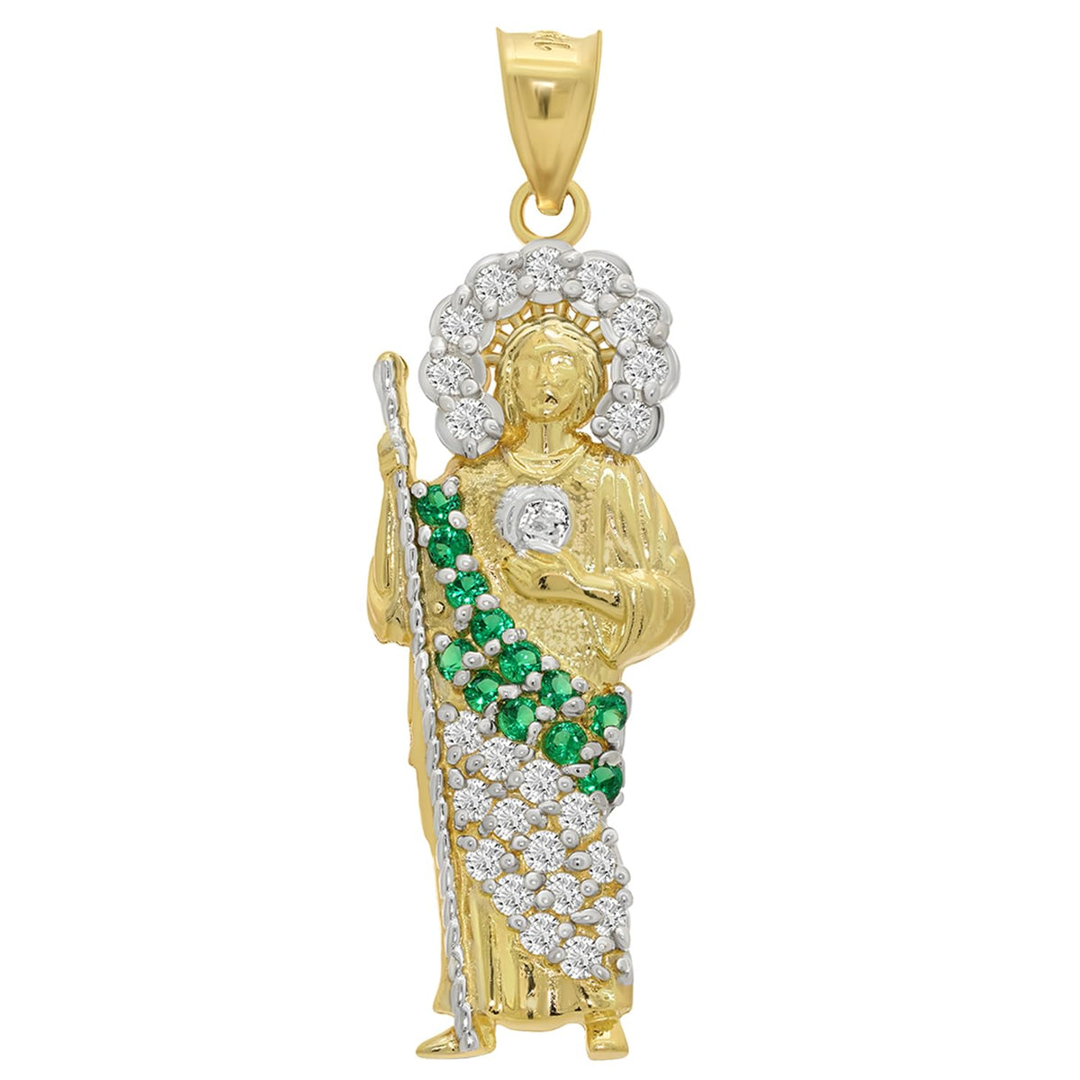 14k Yellow Gold Gold Saint Jude Pendant with Green and White Cubic Zirconia - 3 Sizes