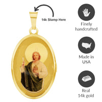 Load image into Gallery viewer, 14k Yellow Gold Saint Jude Pray For Us Picture Pendant with Cable, Cuban Curb, or Figaro Chain Necklaces
