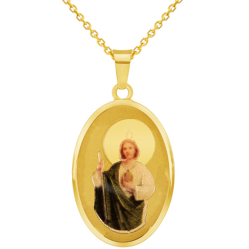 14k Yellow Gold Saint Jude Pray For Us Picture Pendant with Cable, Cuban Curb, or Figaro Chain Necklaces