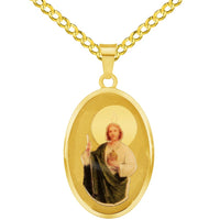 Load image into Gallery viewer, 14k Yellow Gold Saint Jude Pray For Us Picture Pendant with Cable, Cuban Curb, or Figaro Chain Necklaces
