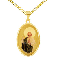 Load image into Gallery viewer, 14k Yellow Gold Saint Jude Pray For Us Picture Pendant with Cable, Cuban Curb, or Figaro Chain Necklaces
