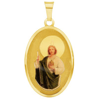 Load image into Gallery viewer, 14k Yellow Gold Saint Jude Pray For Us Picture Pendant with Cable, Cuban Curb, or Figaro Chain Necklaces
