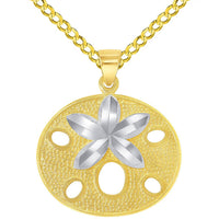 Load image into Gallery viewer, Solid 14k Yellow Gold Sand Dollar Two Tone Sea Star Shell Pendant With Cable, Curb or Figaro Chain Necklace
