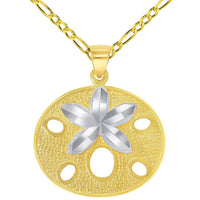 Load image into Gallery viewer, Solid 14k Yellow Gold Sand Dollar Two Tone Sea Star Shell Pendant With Cable, Curb or Figaro Chain Necklace
