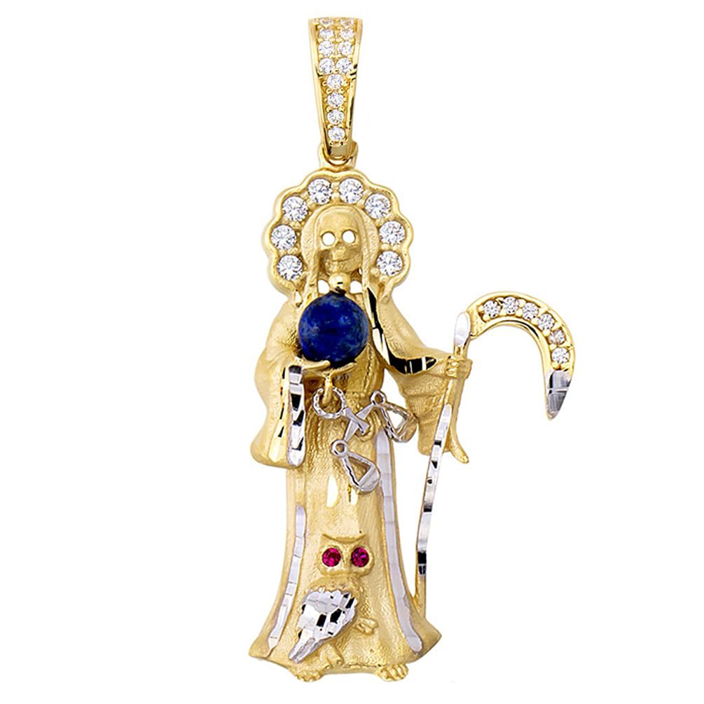 14k Yellow Gold Santa Muerte Holding Globe Pendant with Cubic Zirconia Stones