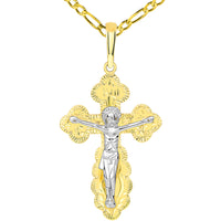 Load image into Gallery viewer, 14k Yellow Gold Two Tone Russian Orthodox Save &amp; Protect Cross Jesus Crucifix Pendant Figaro Necklace
