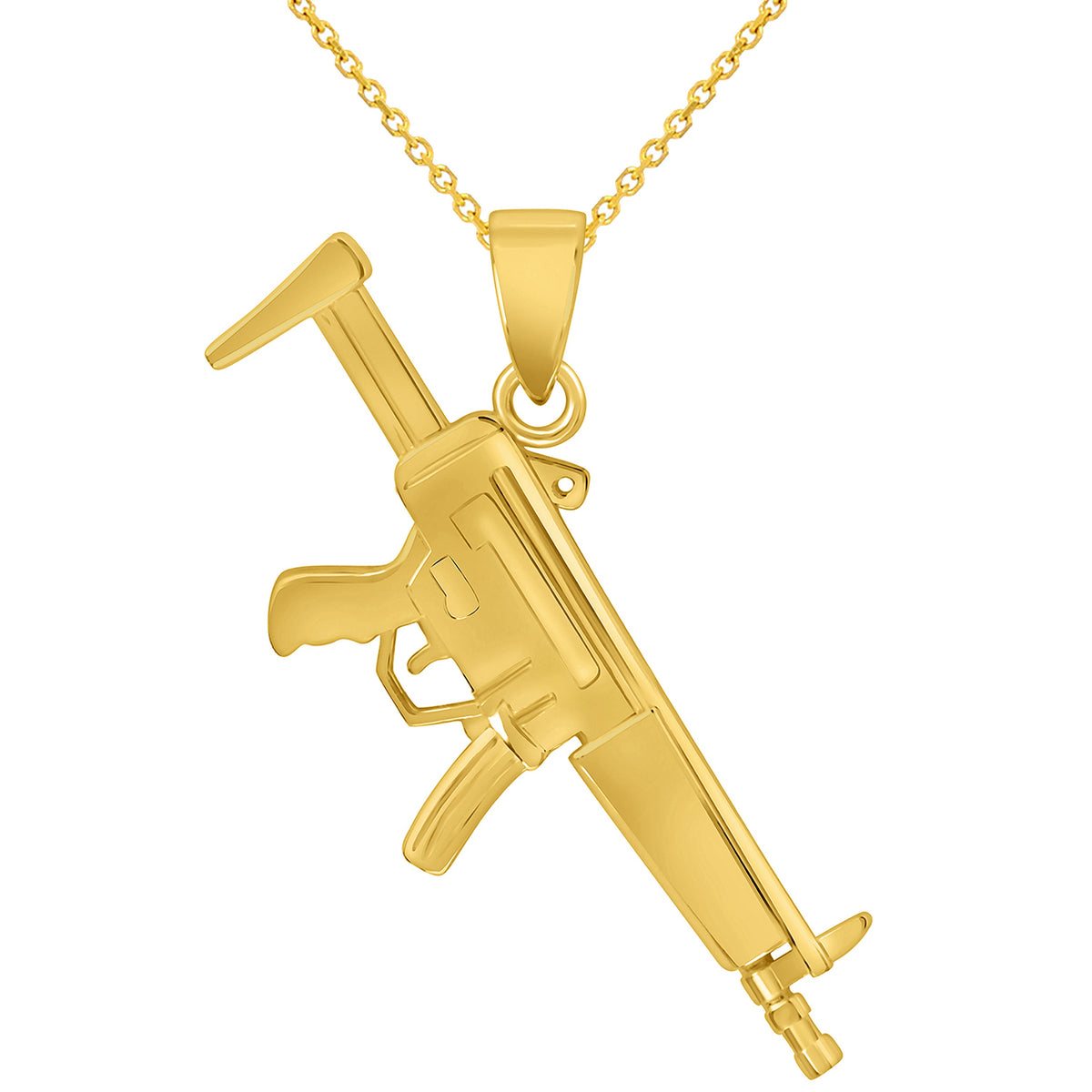 Solid 14k Yellow Gold Semi-Automatic Assault Rifle Gun Pendant Necklace