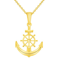 Load image into Gallery viewer, 14k Yellow Gold Ship Wheel and Anchor Charm Nautical Pendant with Rolo Cable, Cuban Curb, or Figaro Chain Necklaces
