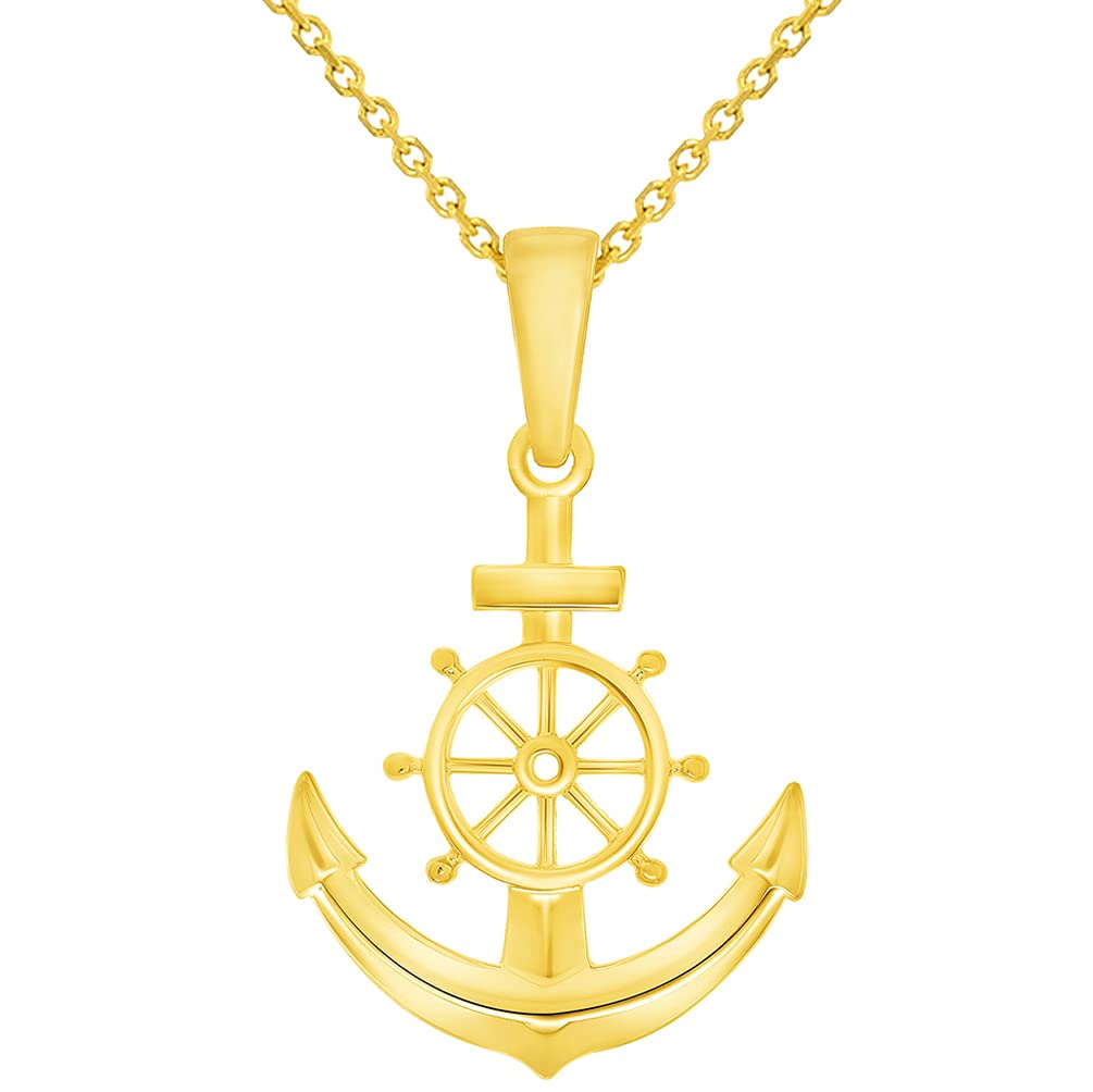 14k Yellow Gold Ship Wheel and Anchor Charm Nautical Pendant with Rolo Cable, Cuban Curb, or Figaro Chain Necklaces