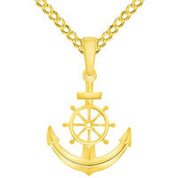 Load image into Gallery viewer, 14k Yellow Gold Ship Wheel and Anchor Charm Nautical Pendant with Rolo Cable, Cuban Curb, or Figaro Chain Necklaces
