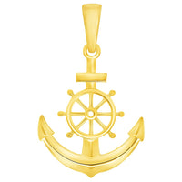 Load image into Gallery viewer, 14k Yellow Gold Ship Wheel and Anchor Charm Nautical Pendant with Rolo Cable, Cuban Curb, or Figaro Chain Necklaces
