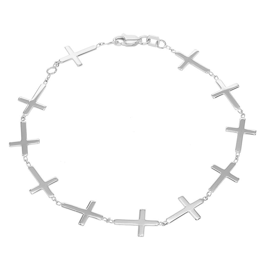 Solid 14k White Gold Sideways Cross Bracelet with Lobster Clasp, 7.5"