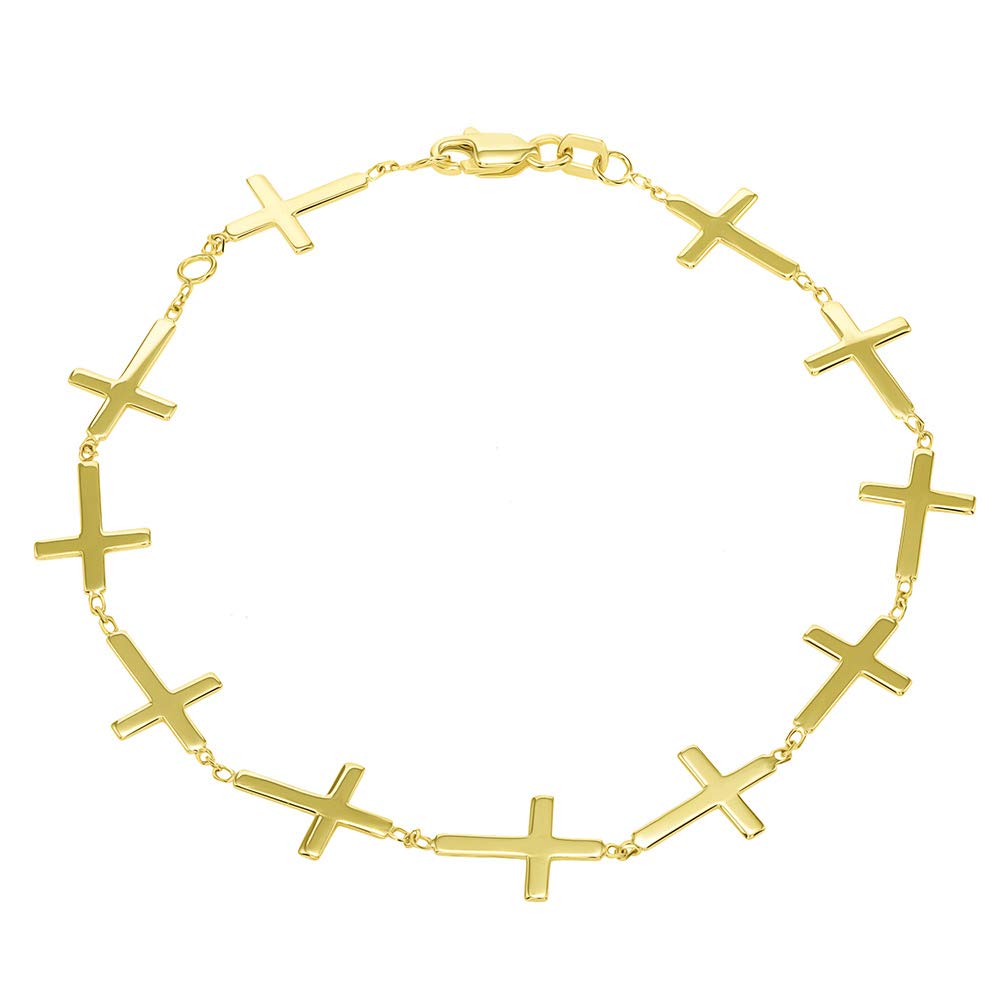 Solid 14k Yellow Gold Sideways Cross Bracelet with Lobster Clasp, 7.5"