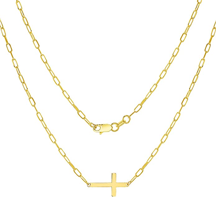 14k Yellow Gold Sideways Cross Paperclip Necklace with Lobster Clasp, 16" to 18" Adjustable Chain