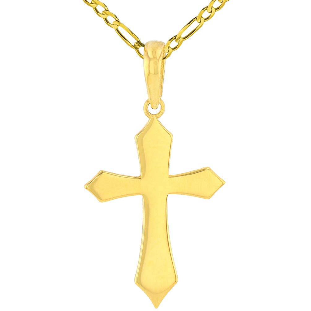 Solid 14k Yellow Gold Silhouette Botonee Orthodox Cross Pendant with Figaro Necklace