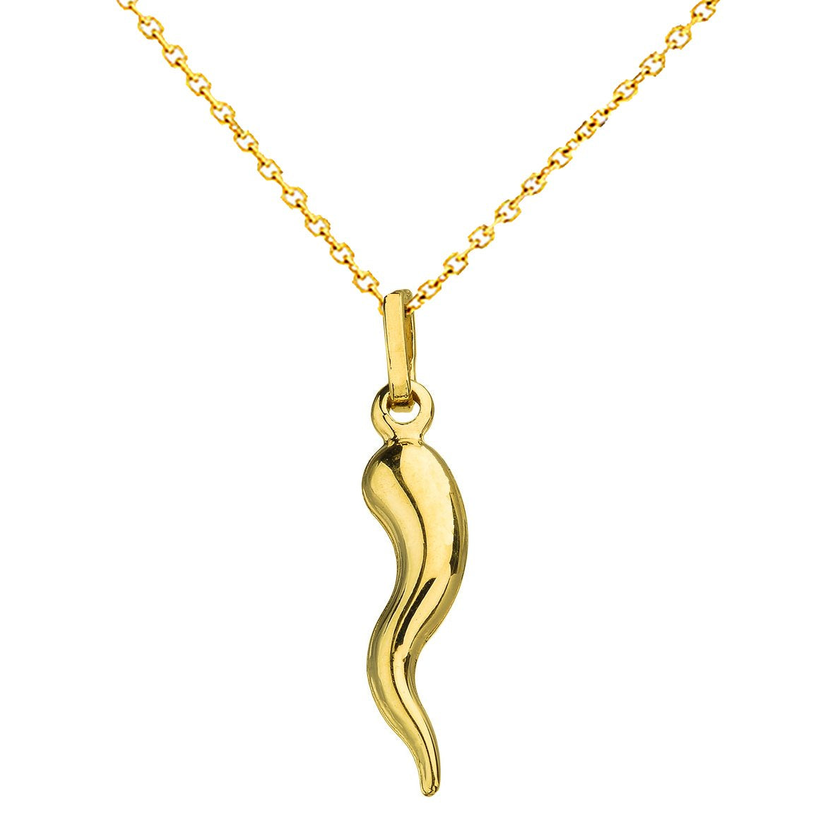 Polished 14k Yellow Gold Simple Cornicello Horn Charm Pendant Necklace