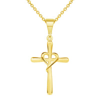 Load image into Gallery viewer, 14k Yellow Gold Simple Religious Cross with Heart Pendant Necklace
