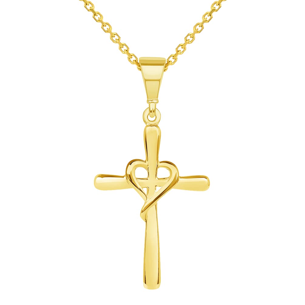 14k Yellow Gold Simple Religious Cross with Heart Pendant Necklace