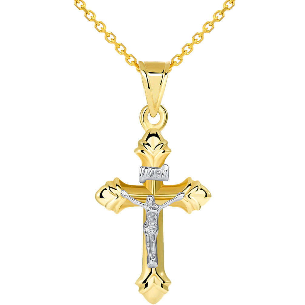 14k Yellow Gold Small INRI Fleur-de-Lis Two Tone Crucifix Cross Pendant Necklace