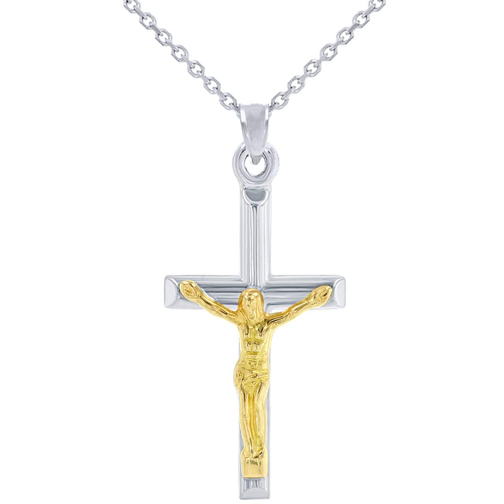 14k White Gold Small Latin INRI Cross Two Tone Crucifix Pendant Necklace